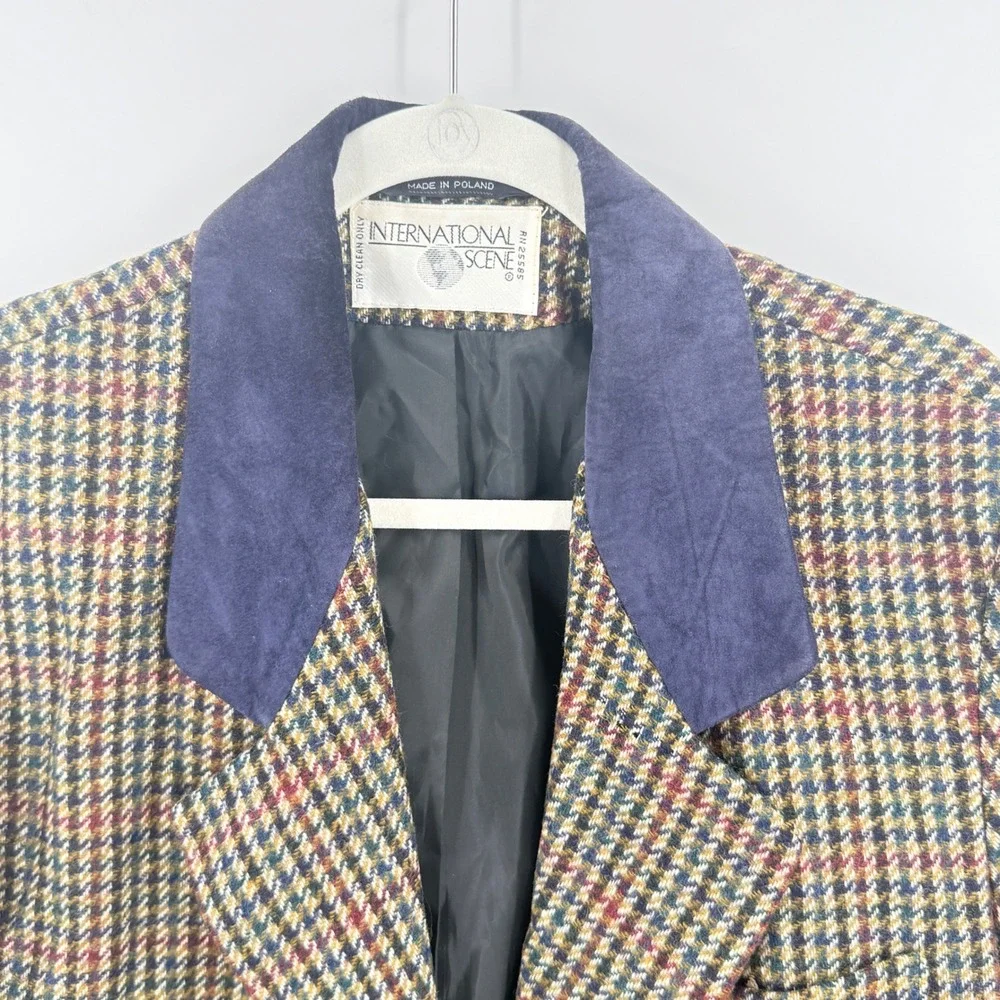 Vintage International Scene Wool Houndstooth Blazer Suede Collar Pocket Size 7/8